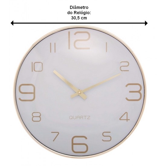 Relógio De Parede 30,5cm Por 4,5cm Quartz De Plástico Chronos Cinza Com Dourado